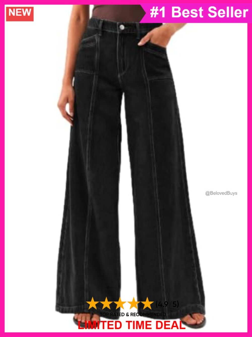High Rise Wide Leg Stretch Denim Jeans Seam Front Pockets